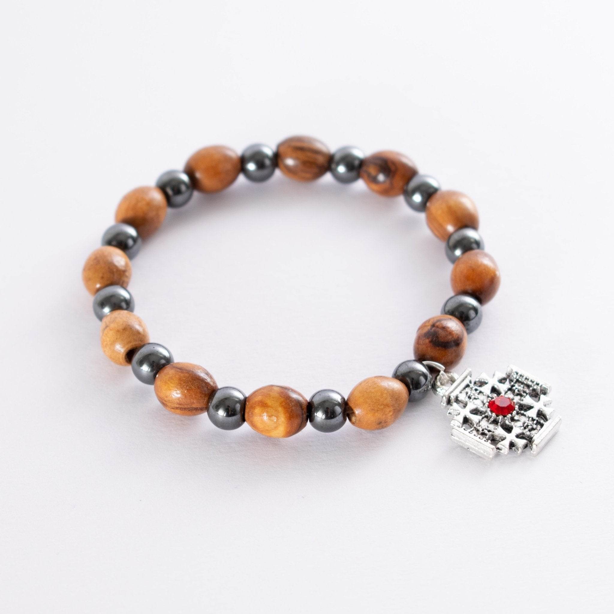 Brățară Protecție Sfințită din Lemn de Măslin cu Hematit și Onix din Ierusalim - Din Ierusalim