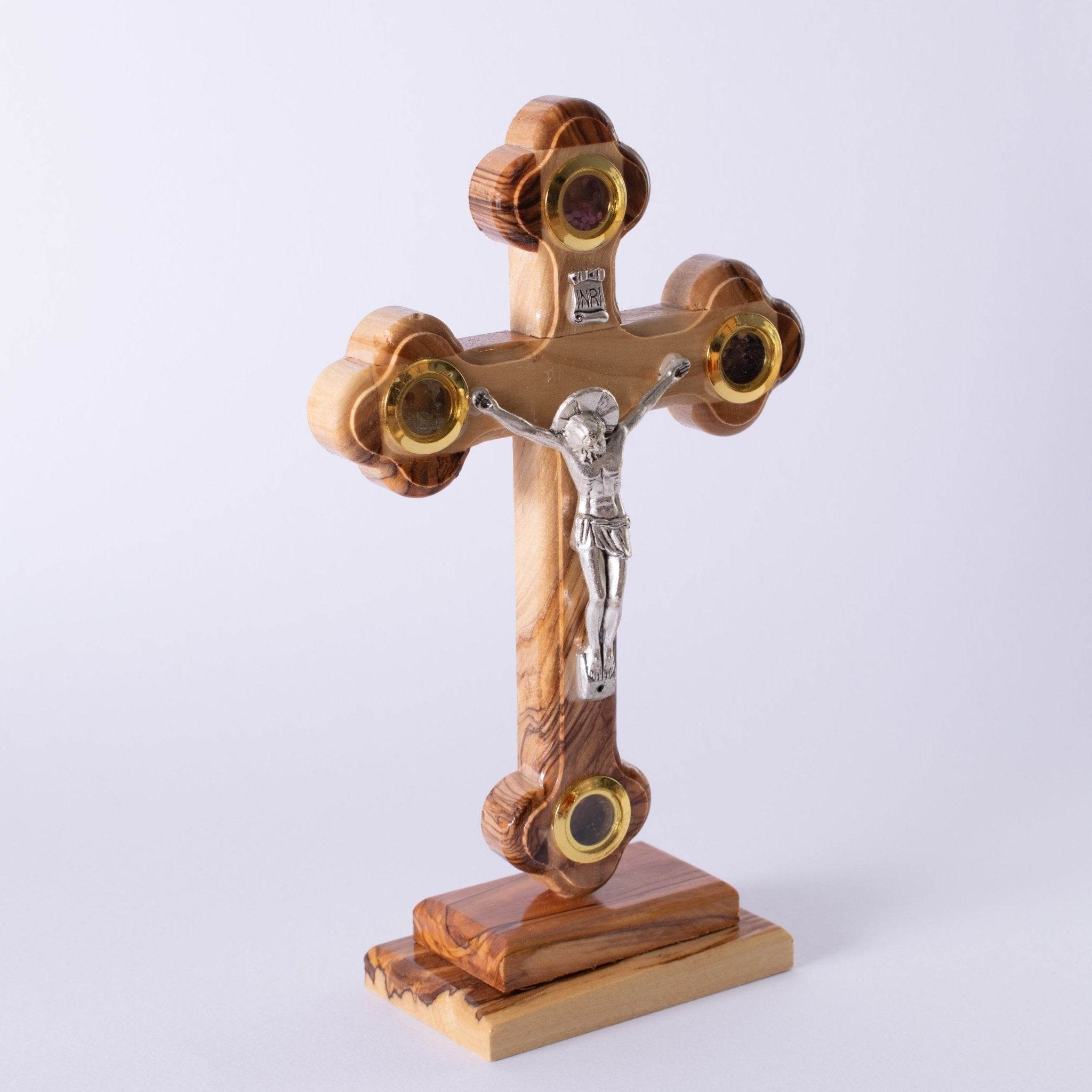 CRUCE lemn maslin din IERUSALIM cu 4 elemente SFINTE și suport 16 CM - Din Ierusalim