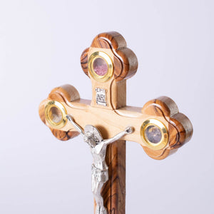 CRUCE lemn maslin din IERUSALIM cu 4 elemente SFINTE și suport 16 CM - Din Ierusalim