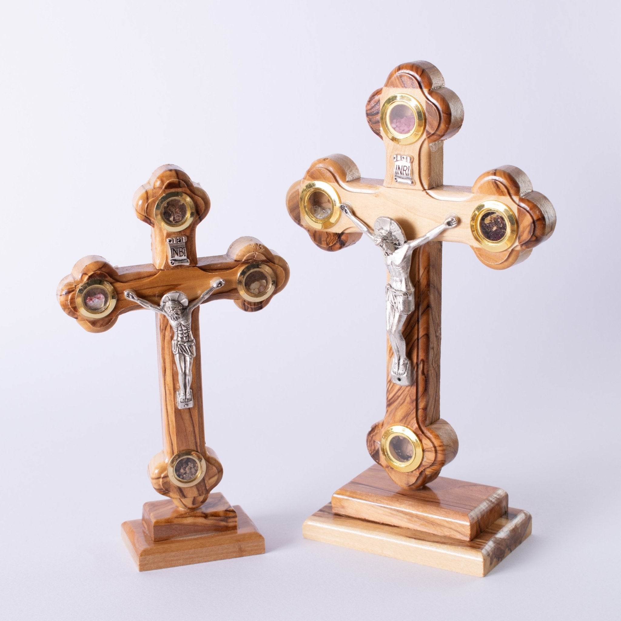 CRUCE lemn maslin din IERUSALIM cu 4 elemente SFINTE și suport 16 CM - Din Ierusalim