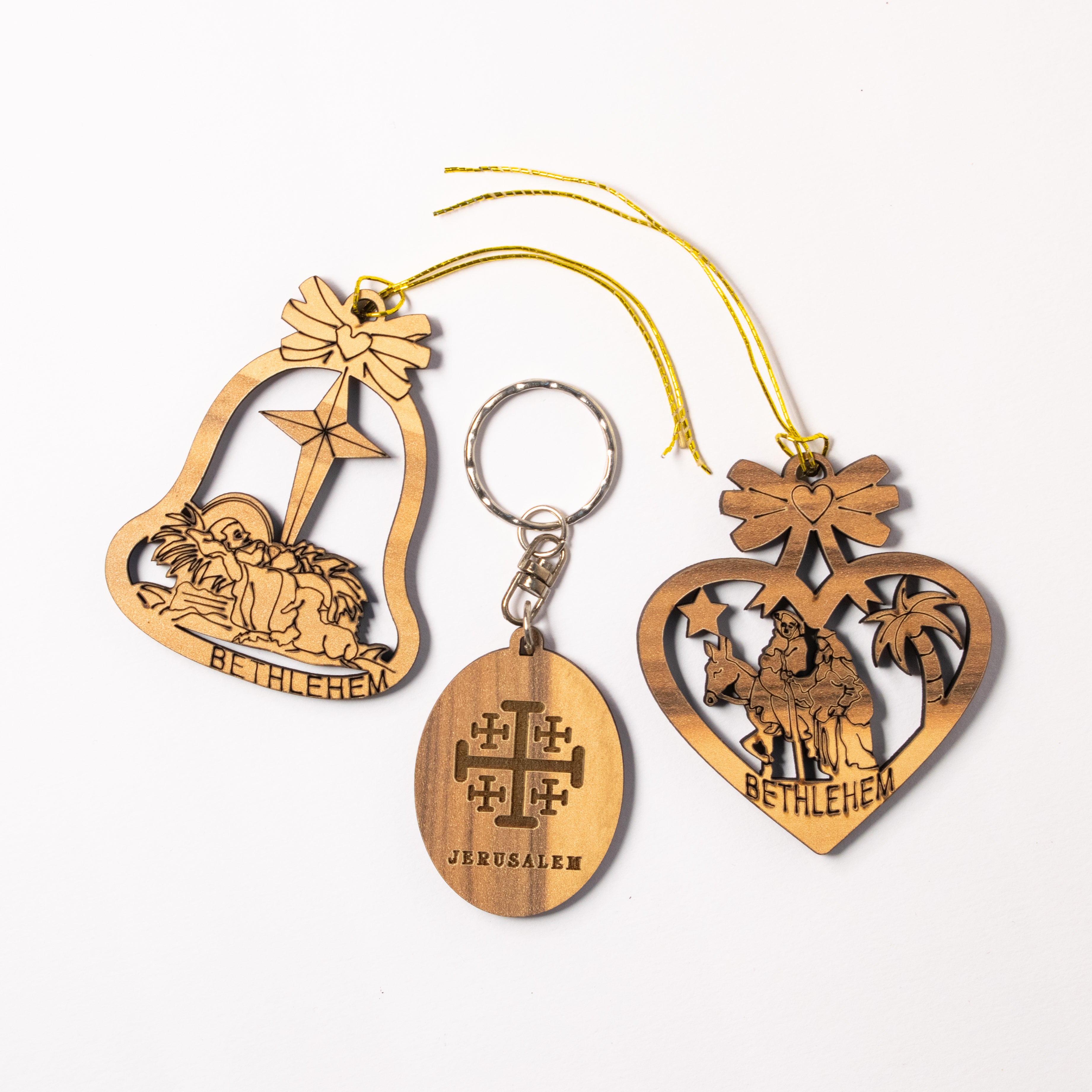 Set Globuri de Crăciun din Lemn de Măslin + Breloc Crucea Ierusalimului – Betleem