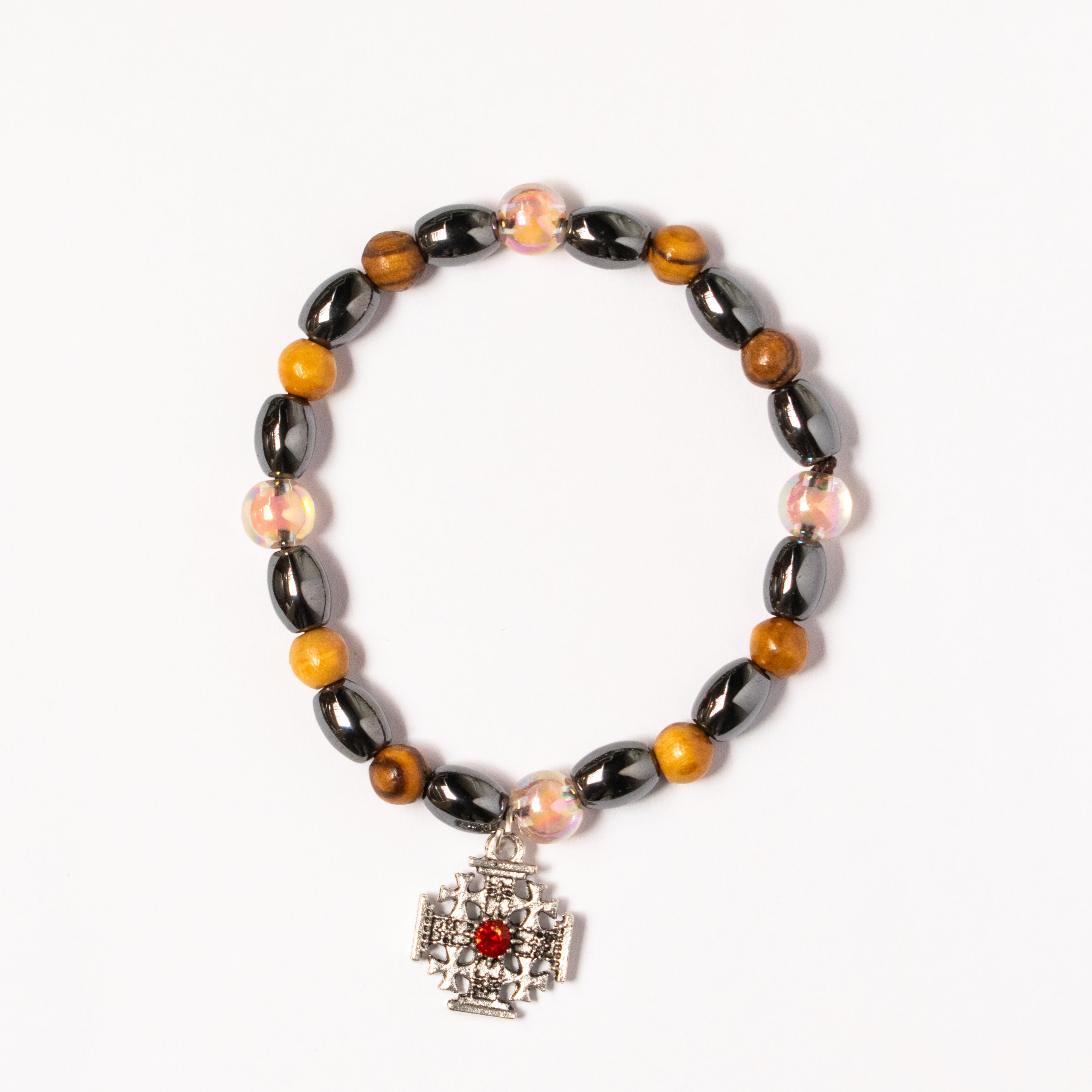 Brățară cu Mărgele Mixte și Crucea Ierusalimului – Piatra Roșie, Protecție și Lumină