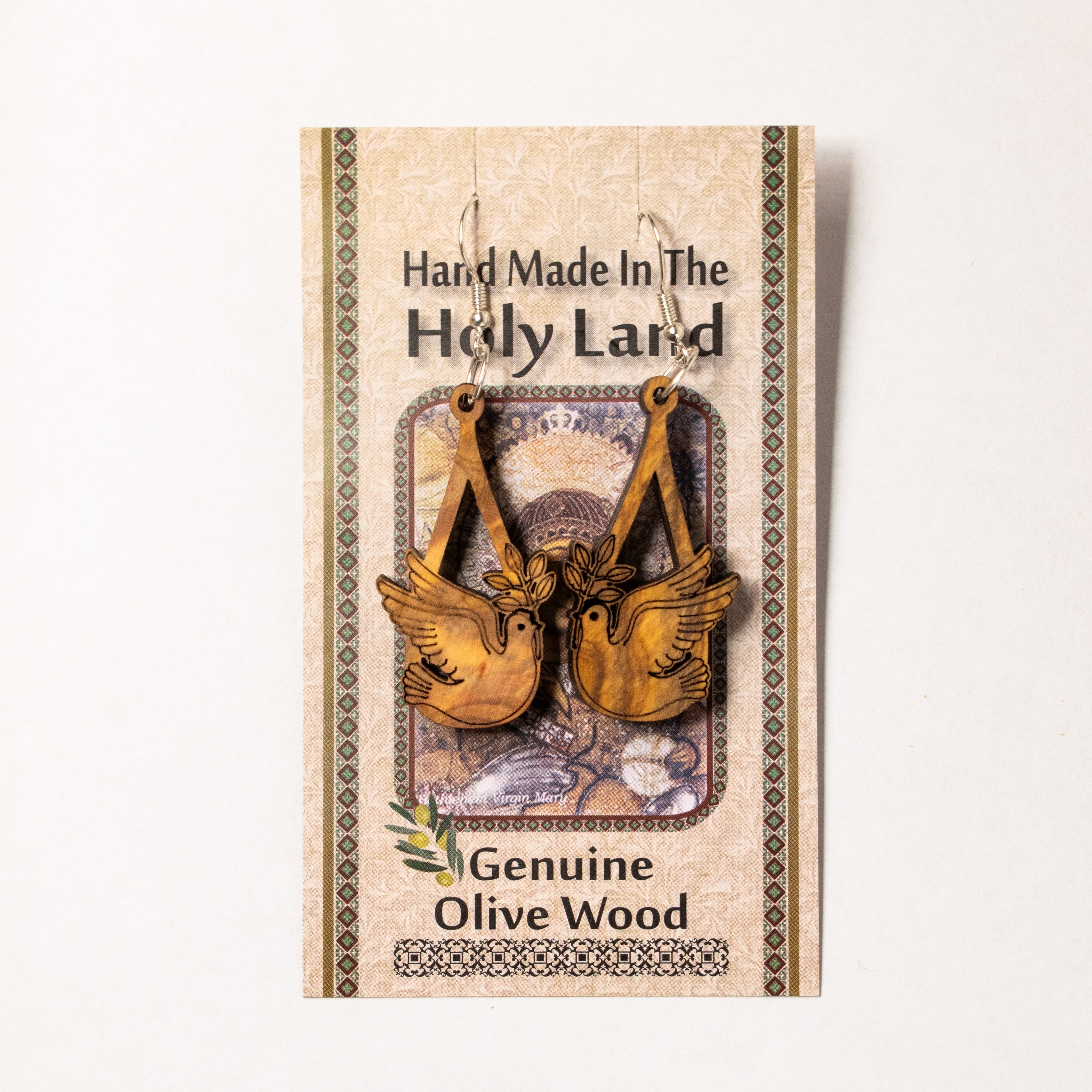 Cercei din Lemn de Măslin – Porumbițe ale Păcii, cu ramură de măslin