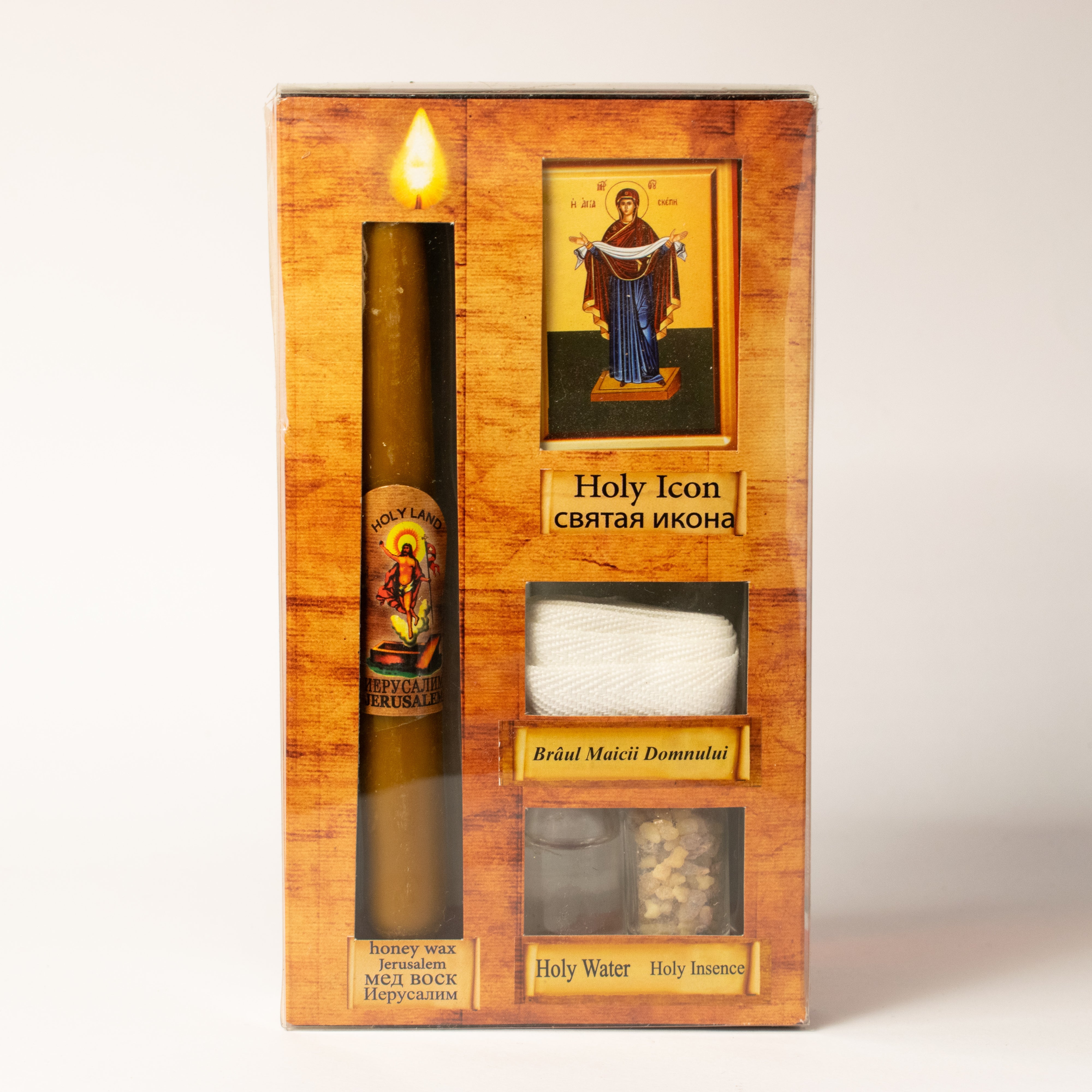 Pachet de Rugăciune „Brâul Maicii Domnului” – Lumânare din Ceară de Albine, Brâu Sfințit, Smirnă, Apă Sfințită și Icoană - De la Biserica Nasterii Domnului din Betleem
