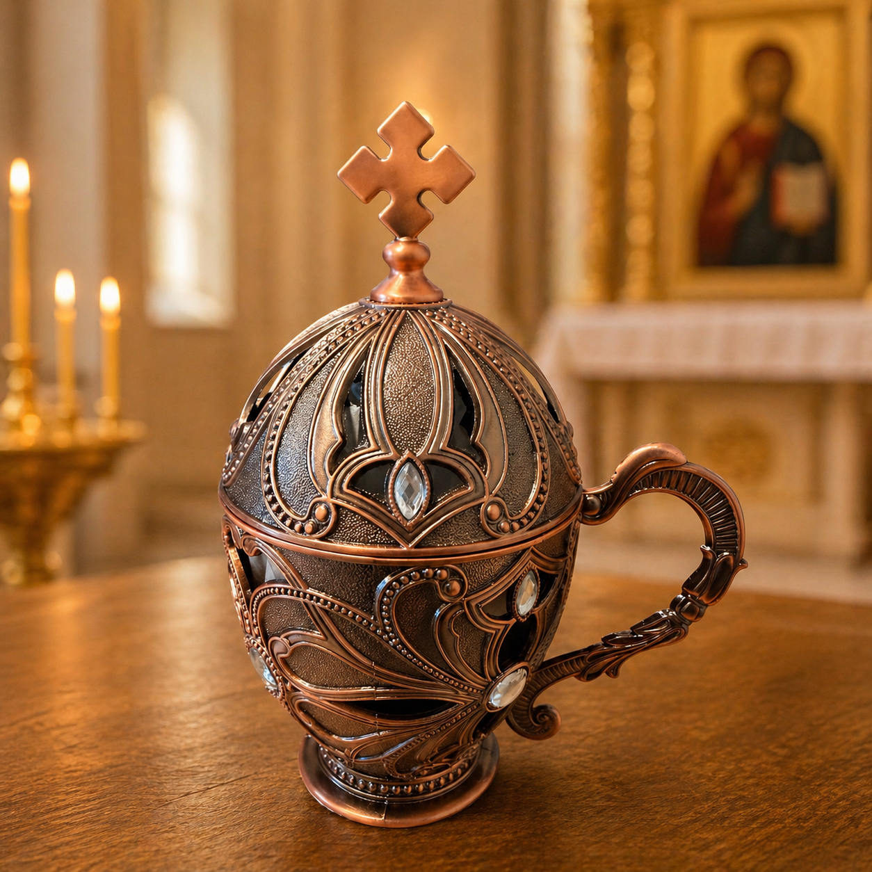 Cădelniță Ortodoxă cu Mâner Culoare Cupru Imperial - Cățuie pentru Tămâie – Simbol al Rugăciunii și Curățirii Spirituale - Inaltime : 14,5 cm / diametru : 7,5 cm