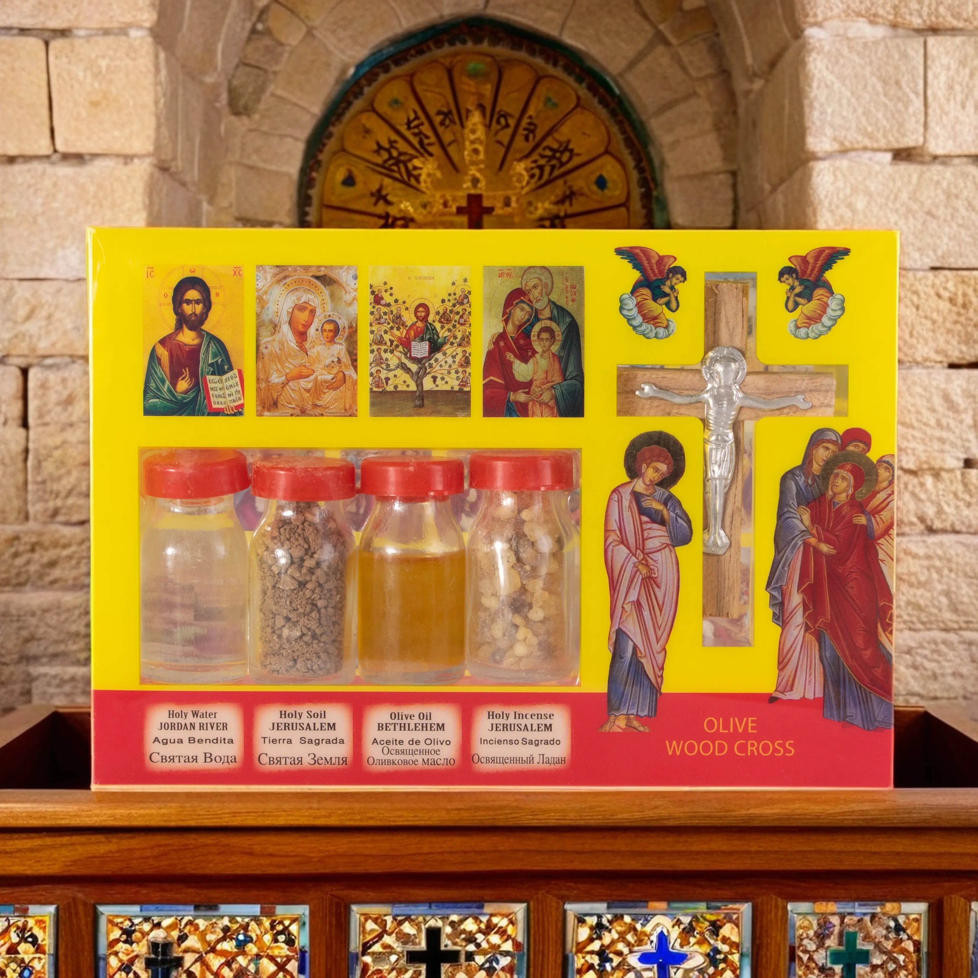 Set 4 Elemente Sfinte din Ierusalim + Crucifix din Lemn de Măslin