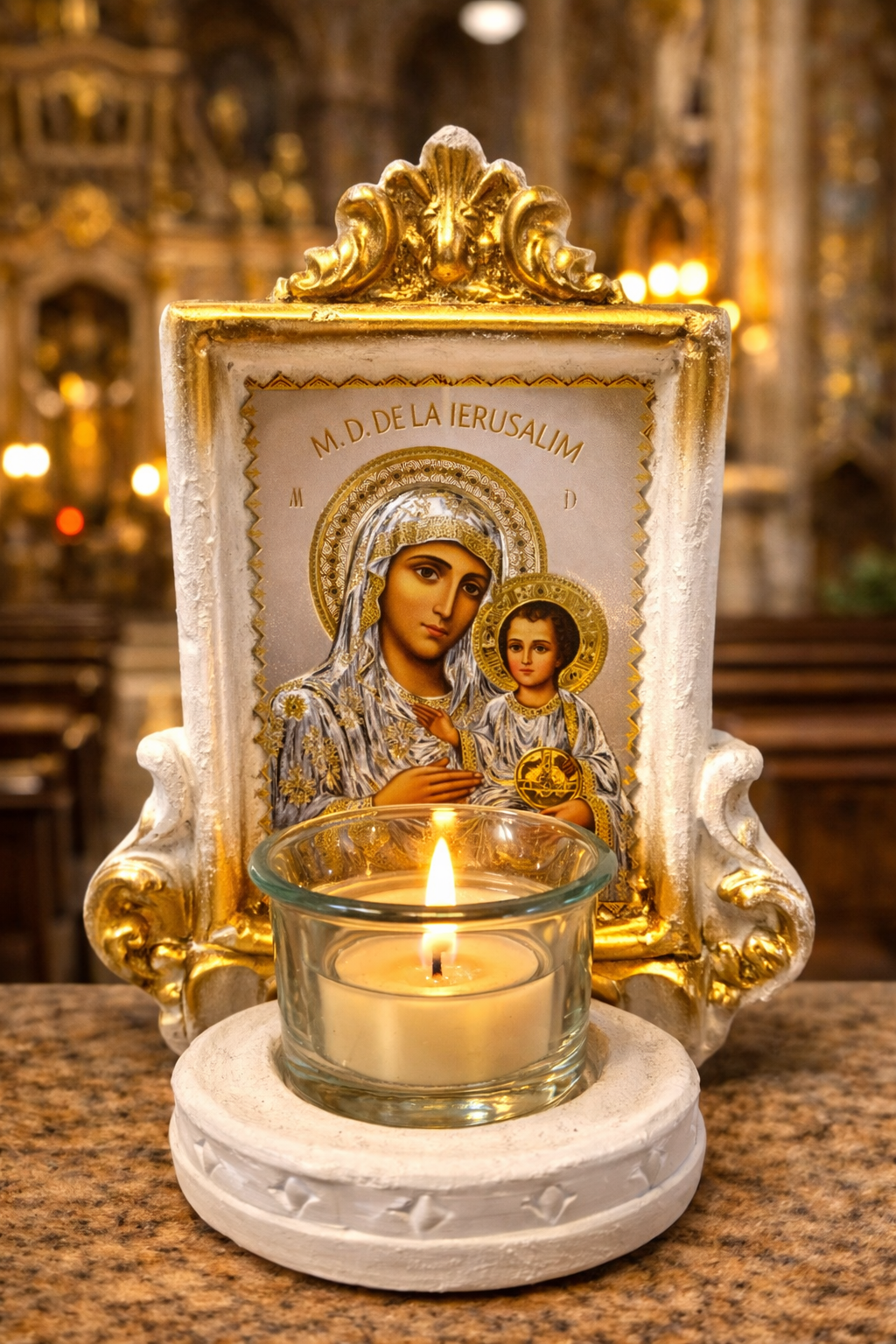 Candelă „Maica Domnului de la Ierusalim cu Pruncul” – Ocrotirea Casei și a Familiei - culoare albă
