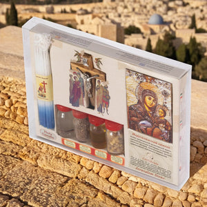 Set 4 Elemente Sfinte din Ierusalim + Icoană, Crucifix, Lumânare și Piatră Sfântă - Din Ierusalim