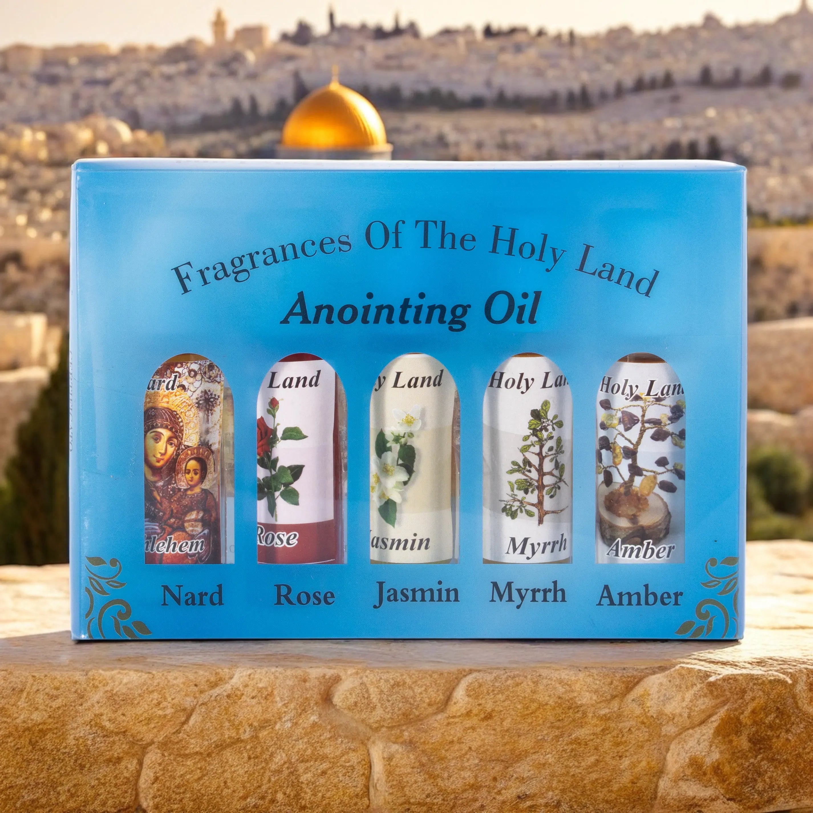 Set 5 Miruri Sfinte de ungere din Țara Sfântă – Nard, Trandafir, Iasomie, Mir, Ambră
