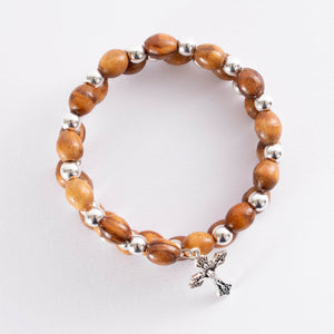 Brățară Protecție Sfințită din Lemn de Măslin cu Mărgele Metalice și Crucifix argint - Din Ierusalim