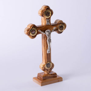 CRUCE lemn maslin din IERUSALIM cu 4 elemente SFINTE și suport 12cm - Din Ierusalim