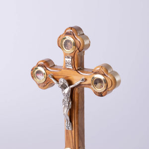 CRUCE lemn maslin din IERUSALIM cu 4 elemente SFINTE 16cm - Din Ierusalim