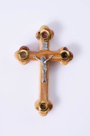 CRUCE lemn maslin din IERUSALIM cu 4 elemente SFINTE 16cm - Din Ierusalim
