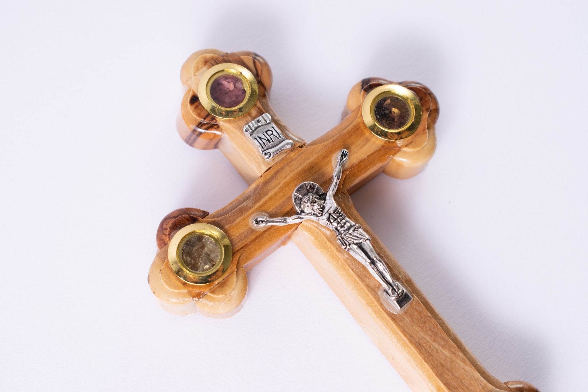 CRUCE lemn maslin din IERUSALIM cu 4 elemente SFINTE 16cm - Din Ierusalim