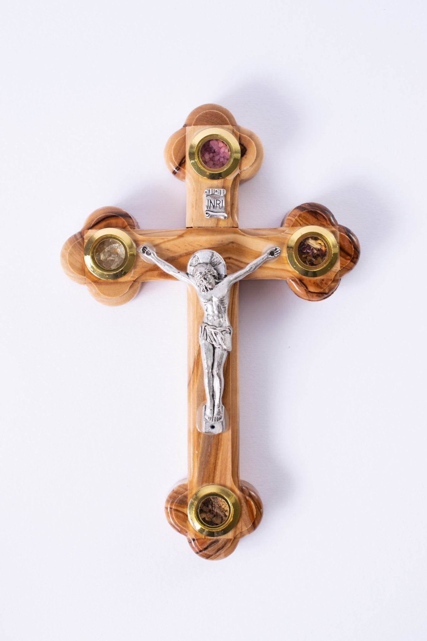 CRUCE lemn maslin din IERUSALIM cu 4 elemente SFINTE 12cm - Din Ierusalim