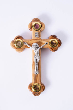 CRUCE lemn maslin din IERUSALIM cu 4 elemente SFINTE 12cm - Din Ierusalim