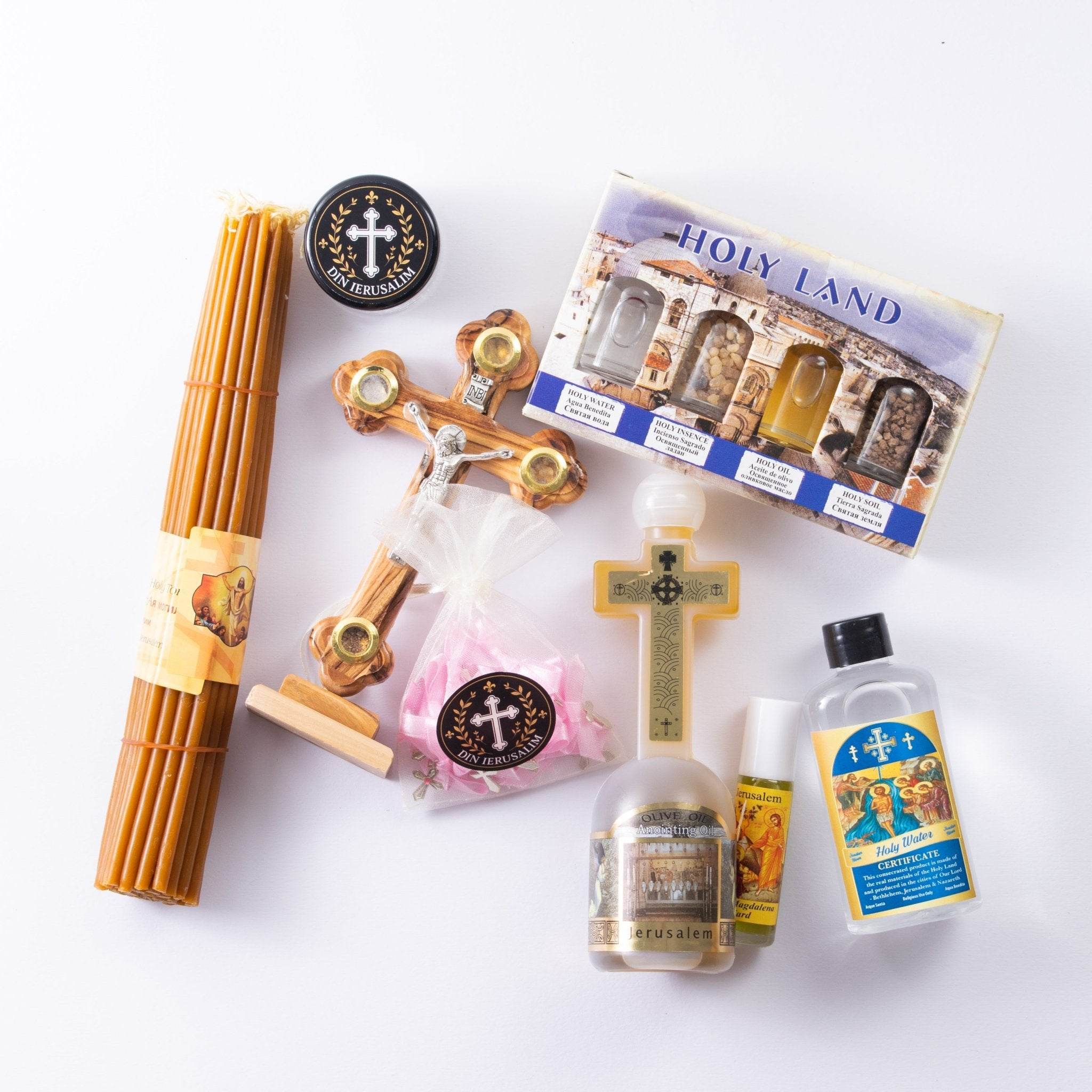Set de Botez Fetiță Binecuvântat din Ierusalim – Cruce din lemn de măslin și Sfinte Elemente - Din Ierusalim