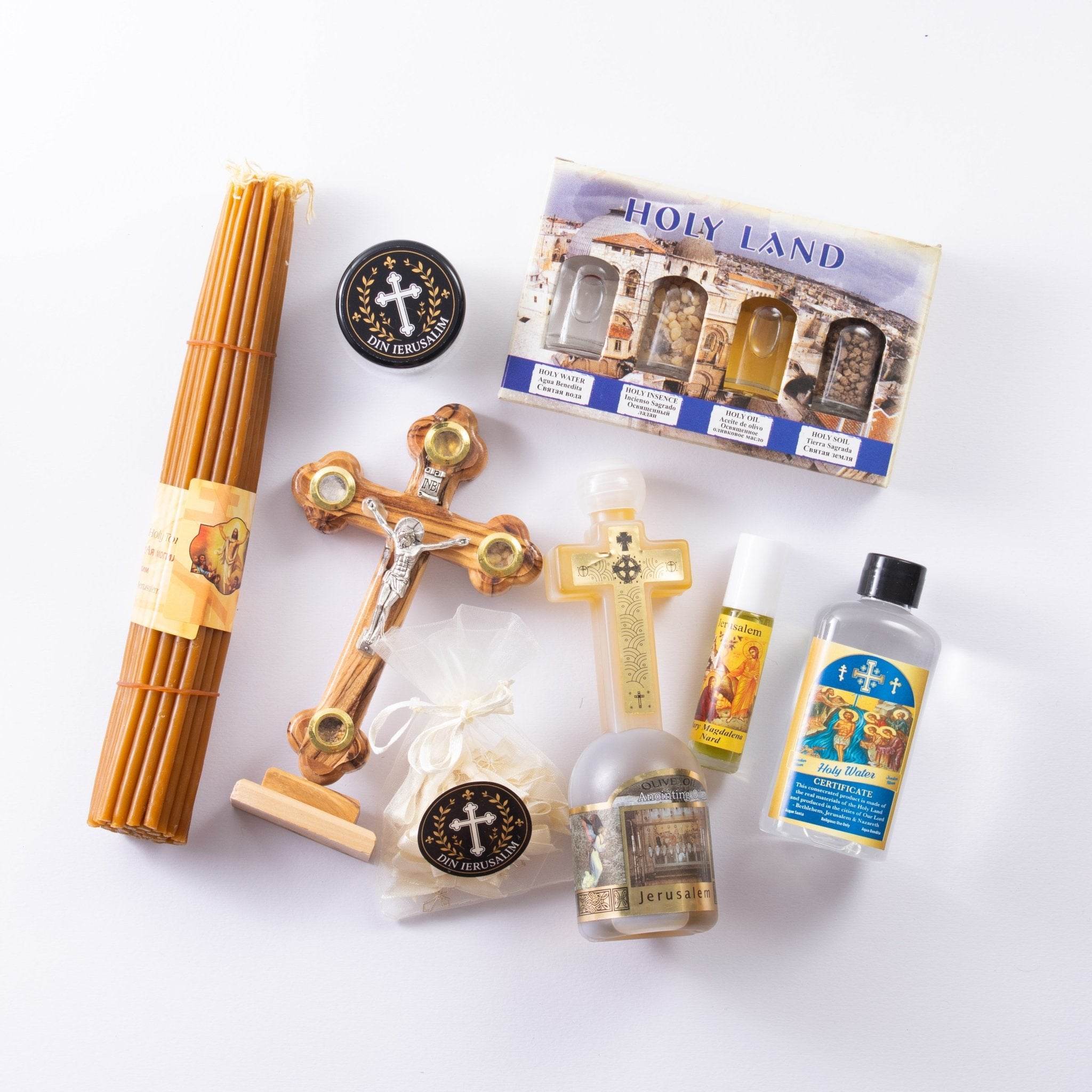 Set de Botez Baiat Binecuvântat din Ierusalim – Cruce din lemn de măslin și Sfinte Elemente - Din Ierusalim