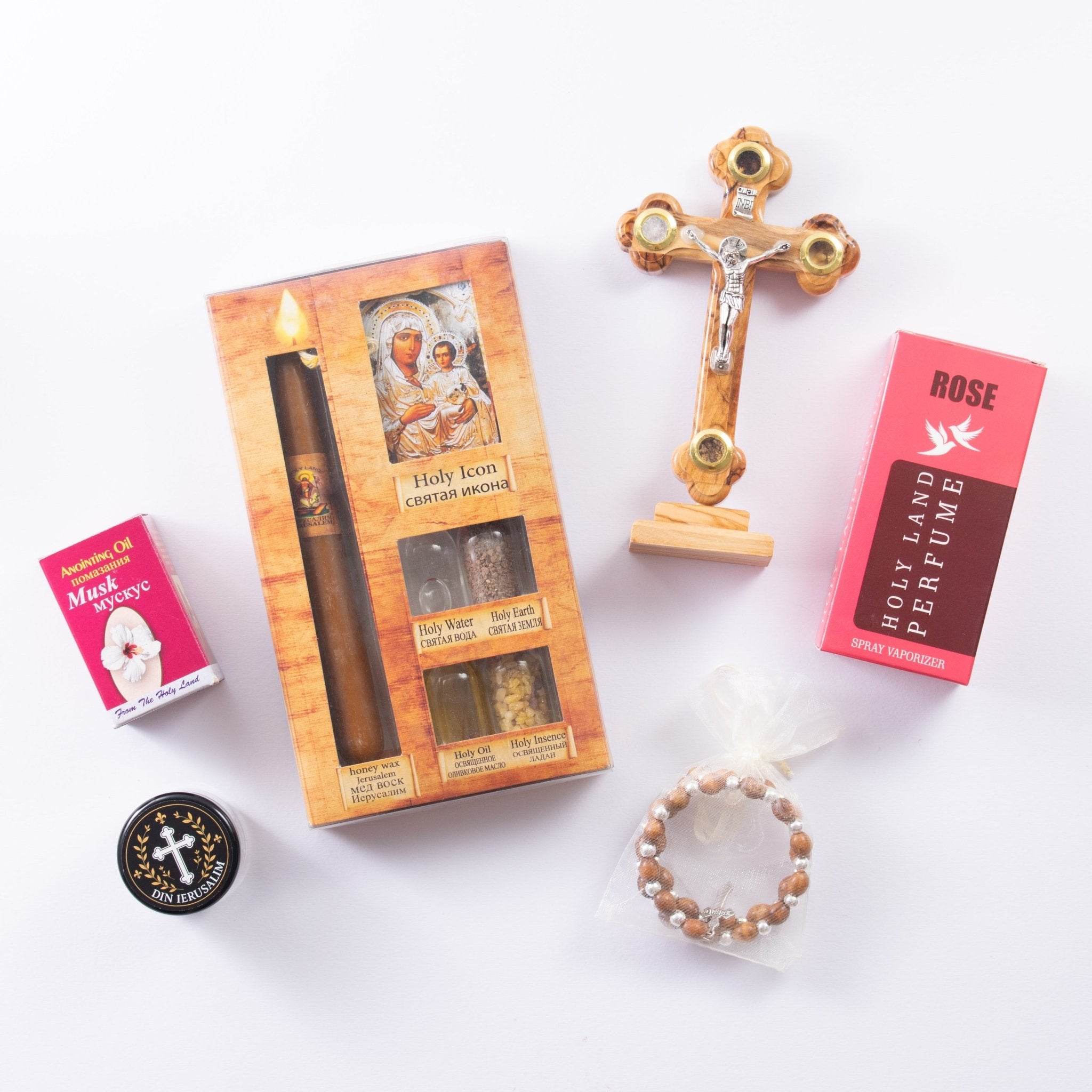 Set Aniversare Binecuvântat din Ierusalim – Cruce din lemn de măslin și Sfinte Elemente - M1 - Din Ierusalim