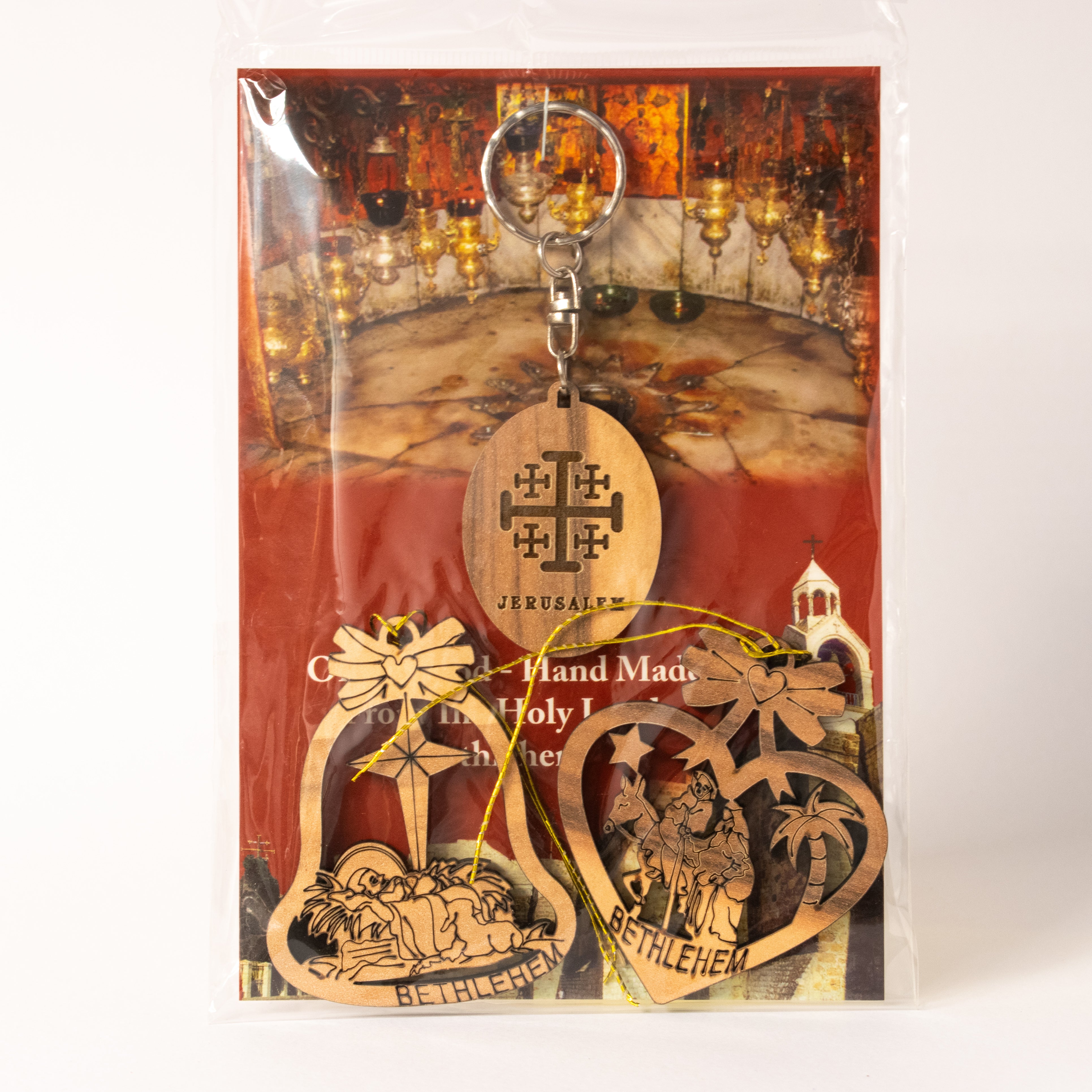 Set Globuri de Crăciun din Lemn de Măslin + Breloc Crucea Ierusalimului – Betleem