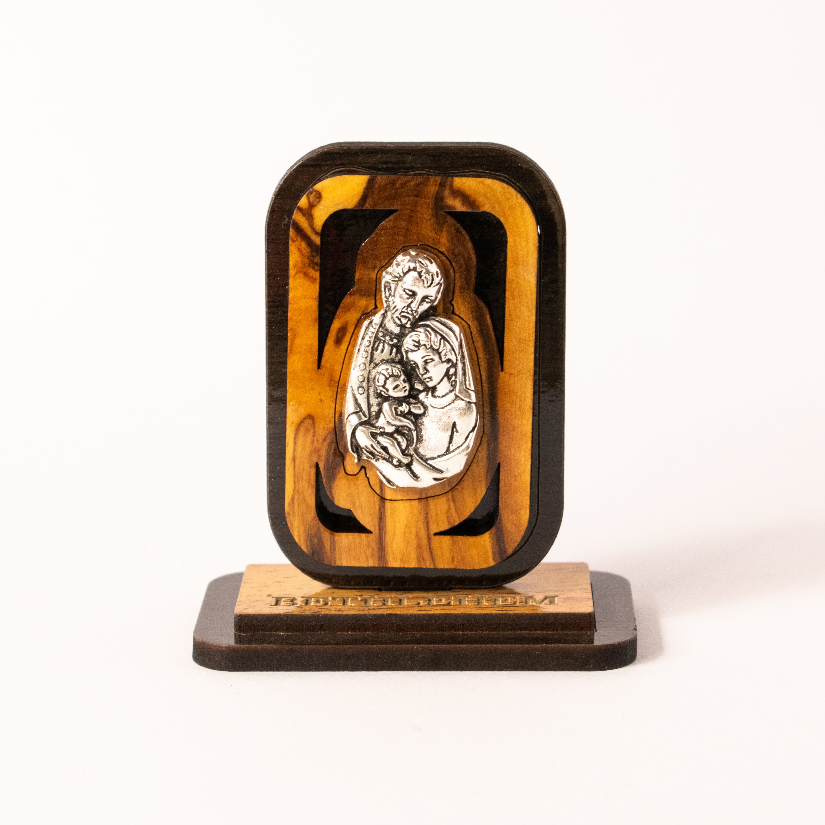 Statuetă Sfânta din Lemn de Măslin cu Icoană Metalică încastrată, lucrată în Betleem