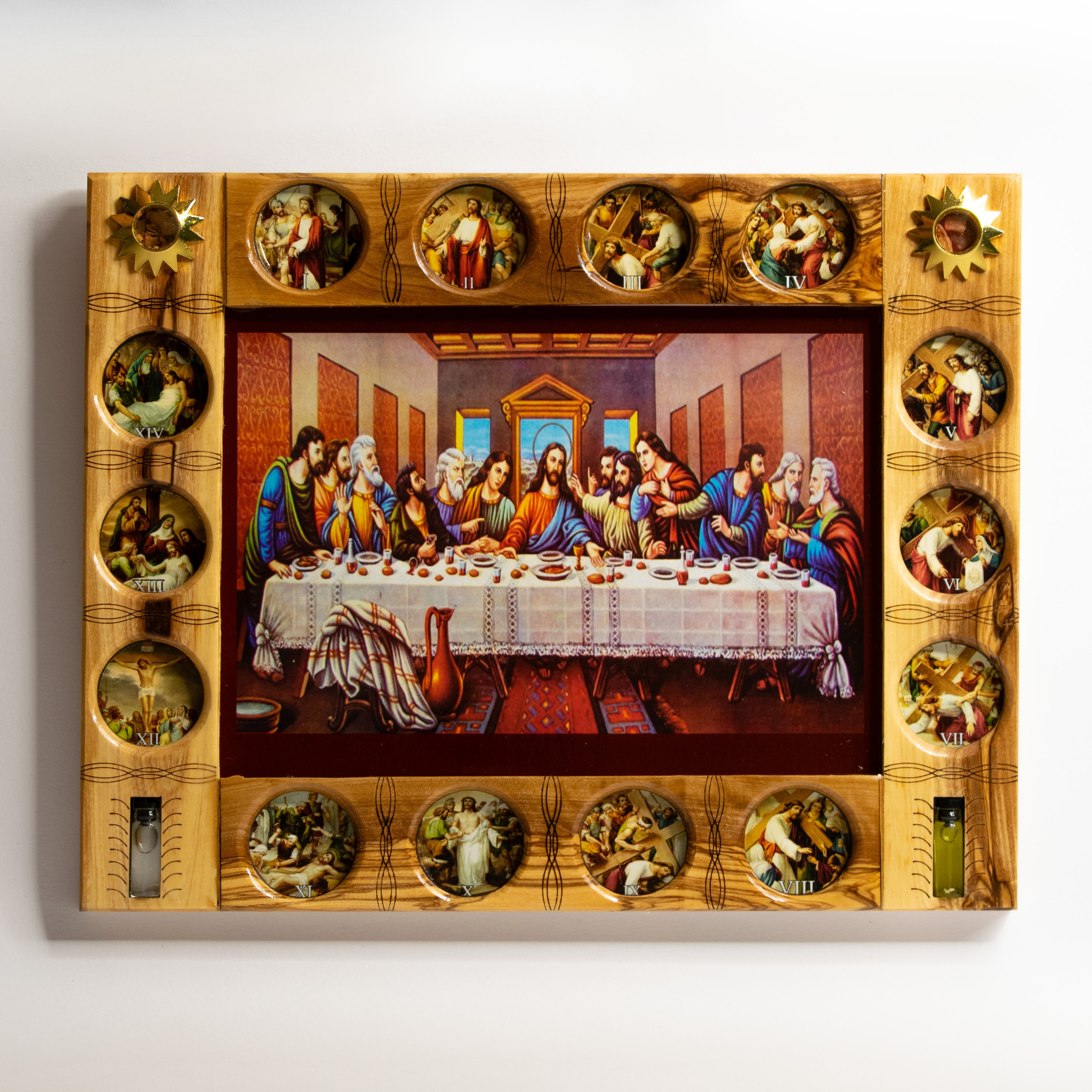 Icoană Cina cea de Taină și Cele 14 Stații ale Crucii – Binecuvântarea Familiei și a Căminului – Lucrată Manual Din Lemn de Măslin - Bethleem  – 29 x 23 cm