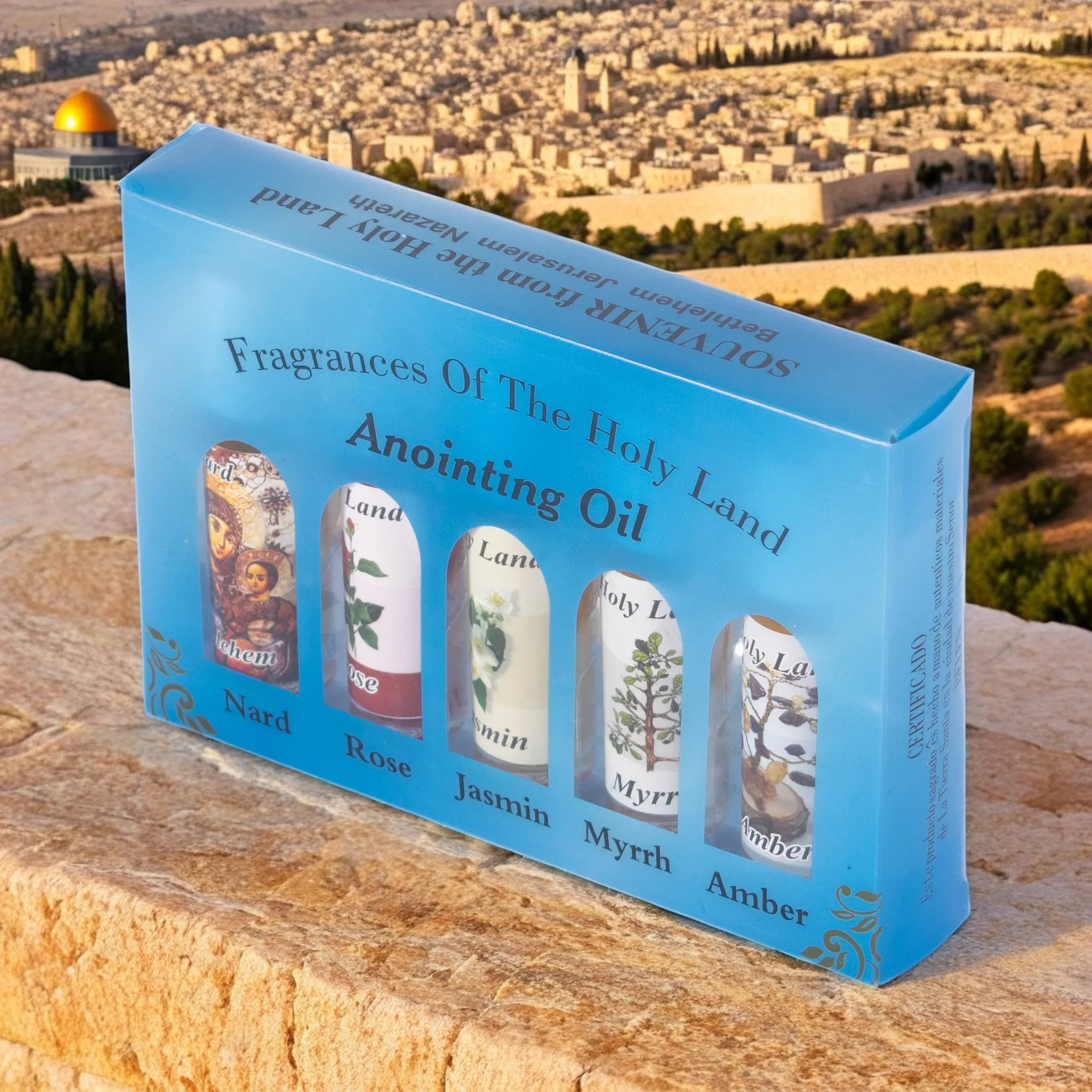 Set 5 Miruri Sfinte de ungere din Țara Sfântă – Nard, Trandafir, Iasomie, Mir, Ambră