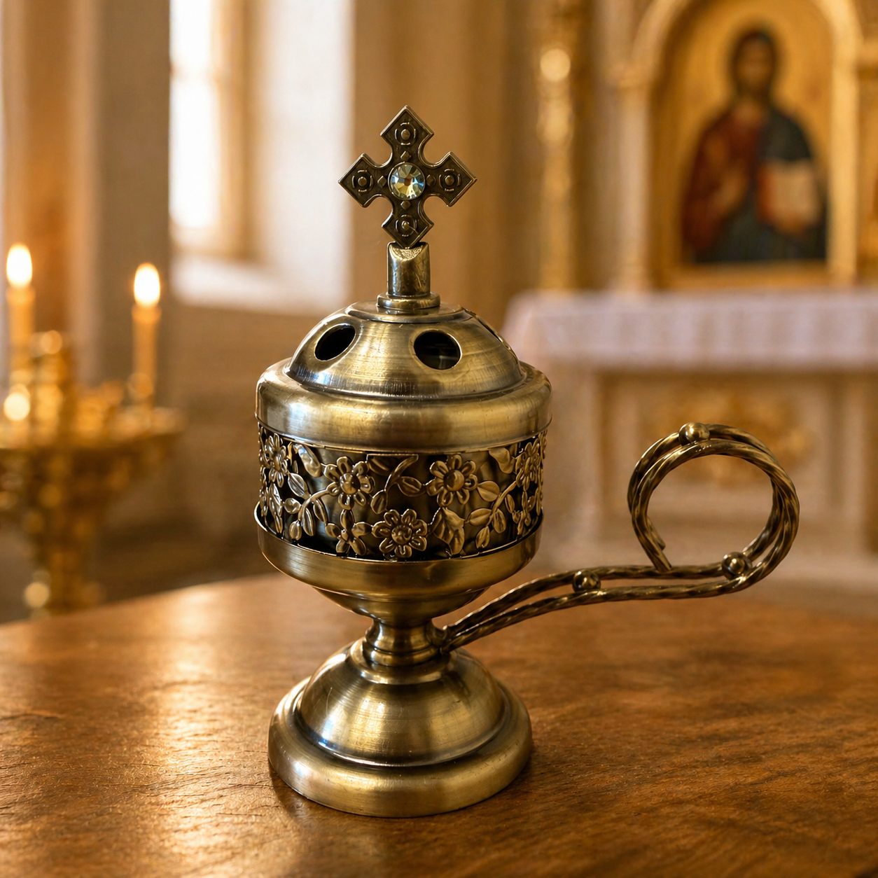 Cădelniță din metal cu cruce – model floral, finisaj bronz antic – pentru tămâiere și rugăciune Inaltime : 12,5 cm / diametru : 5 cm