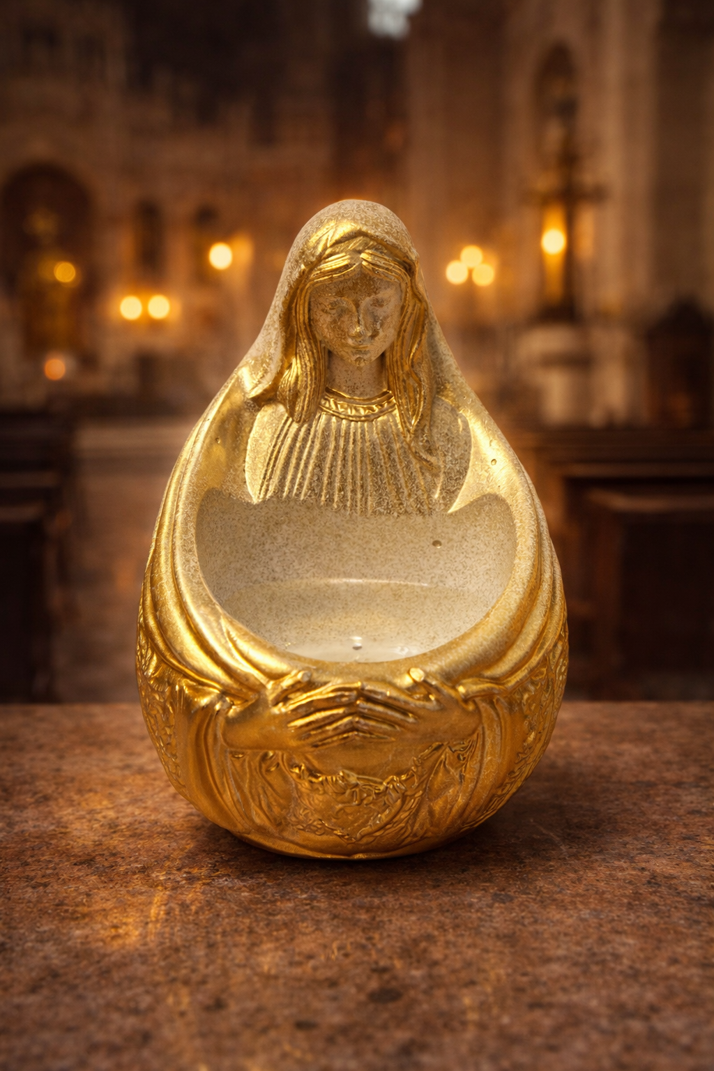 Vas pentru Apă Sfințită / Ulei de ungere  cu Fecioara Maria – Binecuvântare și Protecție pentru Casă – Decor Creștin de Rugăciune