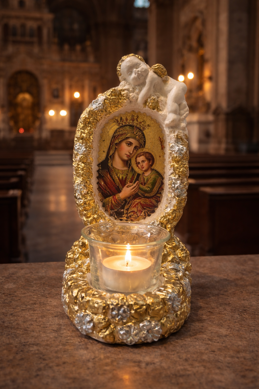 Candelă „Maica Domnului cu Pruncul” – Lumină de rugăciune, dragoste și ocrotire