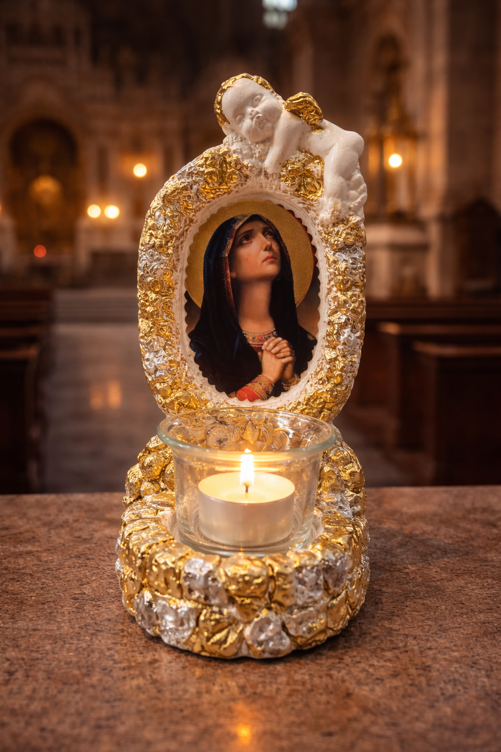 Candelă „Maica Domnului în Rugăciune” cu îngeraș – Lumină de nădejde și ocrotire